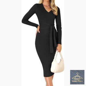 Ribbed Knit Sweater Dress V Neck Long Sleeve Tie Waist Bodycon Midi